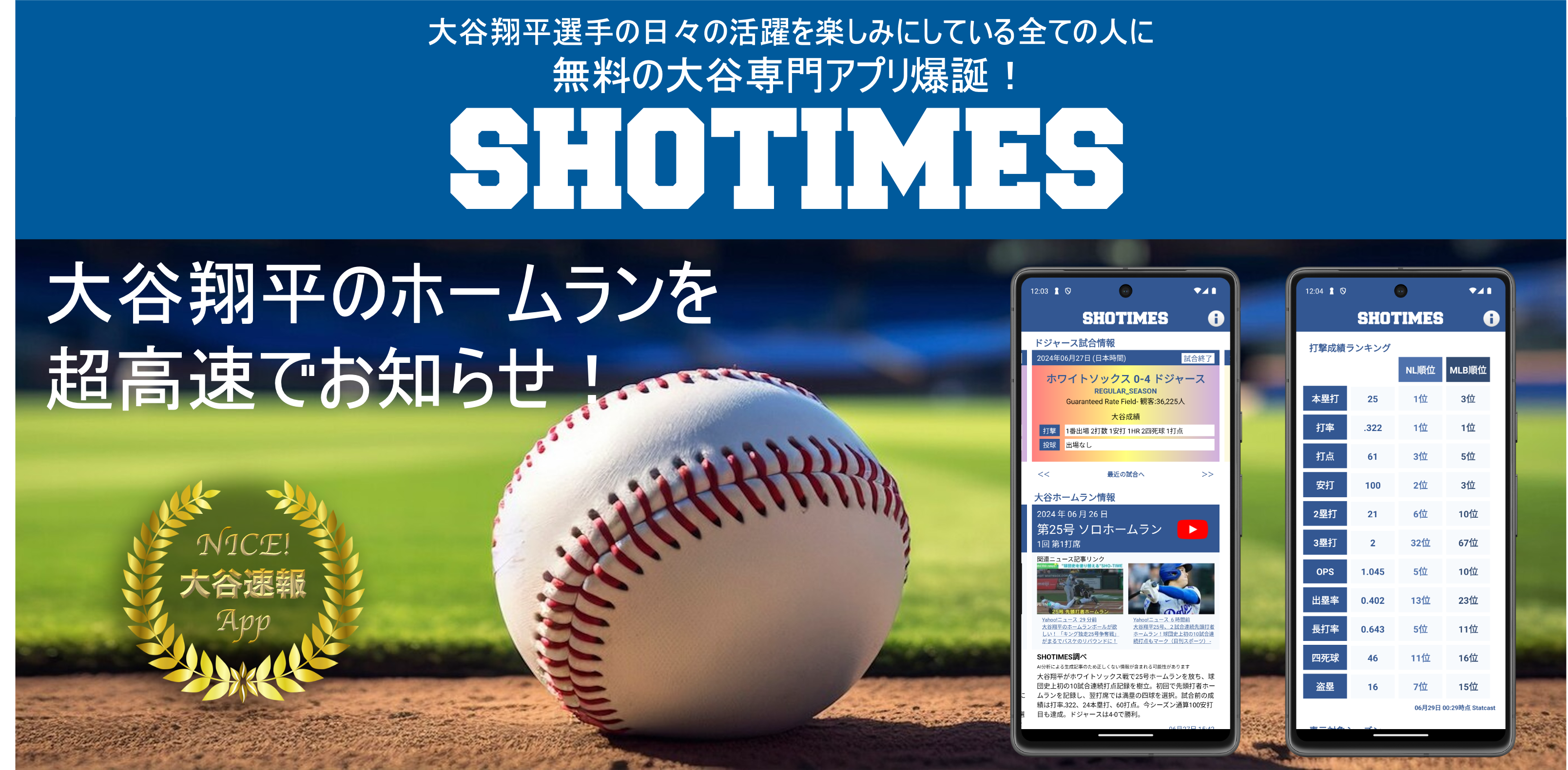 無料の大谷専門速報アプリ爆誕、大谷翔平のホームランをTwitterやニュースより速く通知